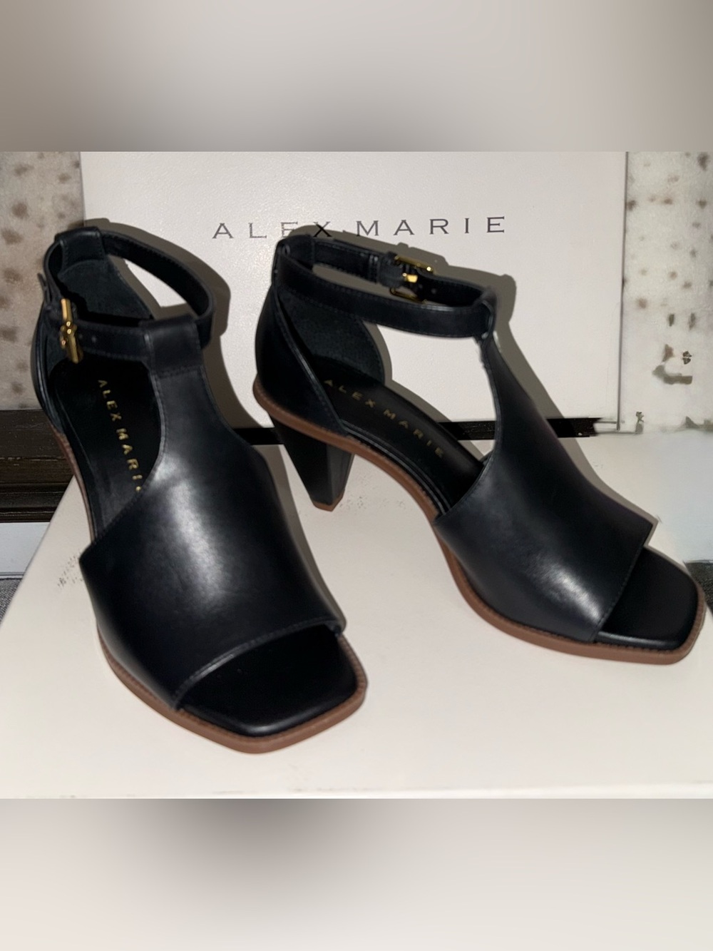 Alex Marie Danica Black Open-Toe Leather T-strap Shooties